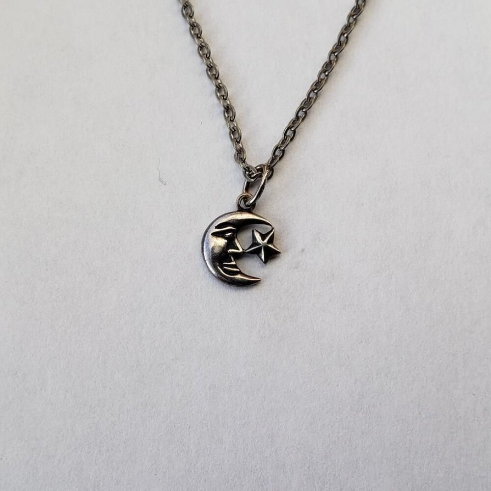 Minimalist Moon and Star Necklace 18" Chain Sterling Silver